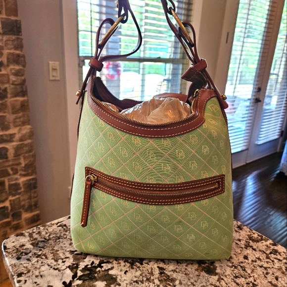 Y2K DOONEY & BOURKE Green Pink White Monogram Logo Shoulderbag w Leather Strap - Picture 10 of 17